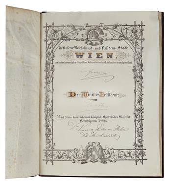 FRANZ JOSEPH I; EMPEROR OF AUSTRIA. Partly-printed vellum Document Signed, Franzjosef, as Emperor, patent of nobility for Herman Grau